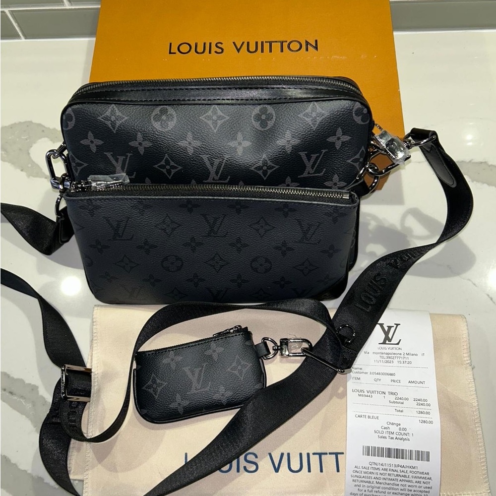 Louis Vuitton Trio Black Leather Messenger Bag Authentic